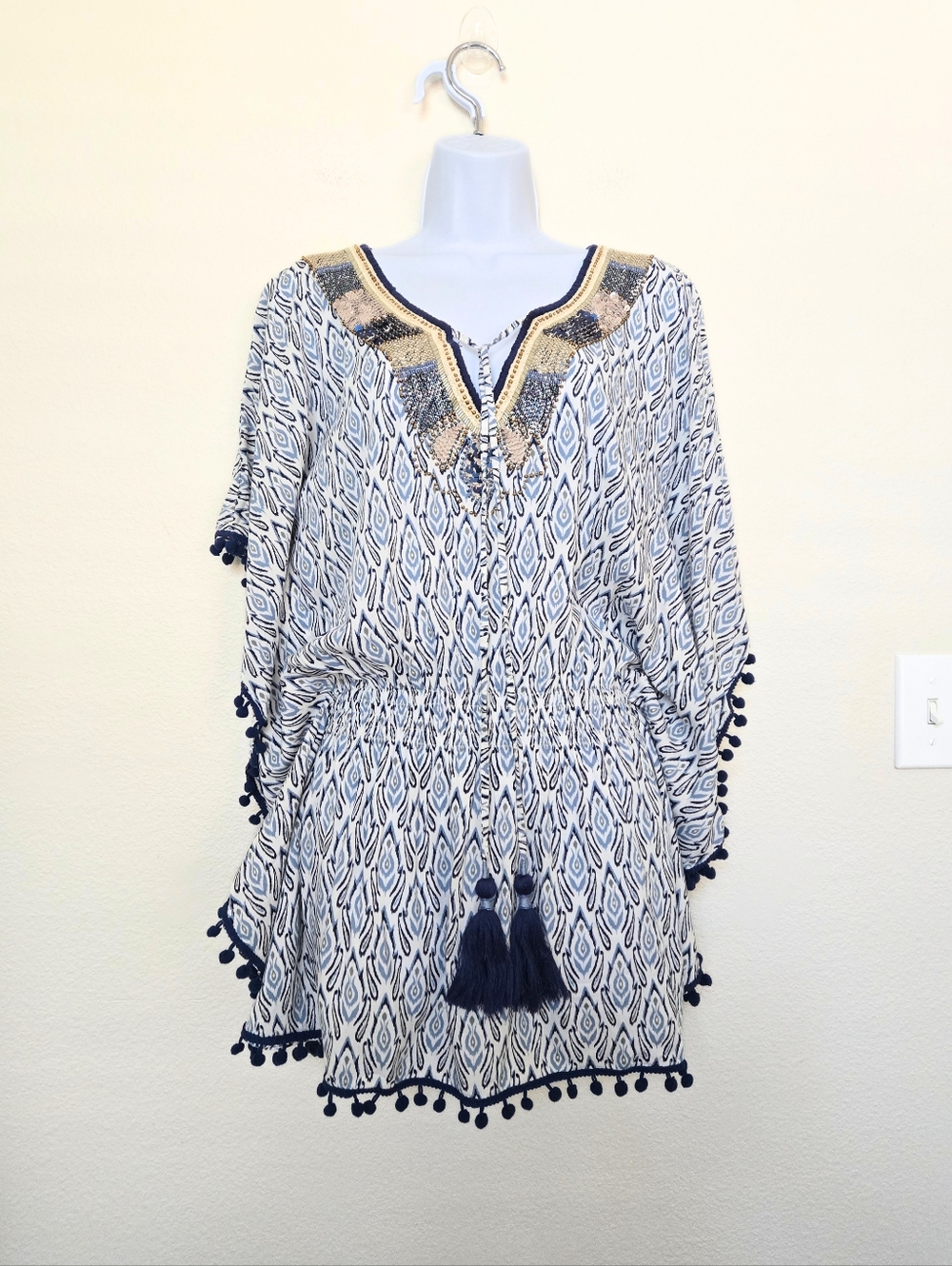 Skemo Bohemian Tassell Tunic Swin Cover Up Top Blue White Size Small